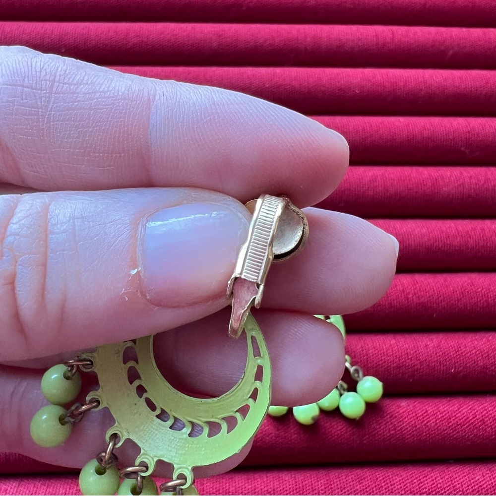 Lime Green Hoop Clip On Earrings with Bead Fringe - Picture 4 of 4